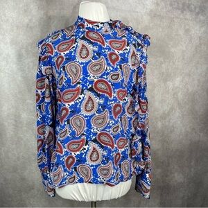 Dodo Bar Or Patti Silk Button Snap Blouse In Blue Paisley Women's Size 46 US L
